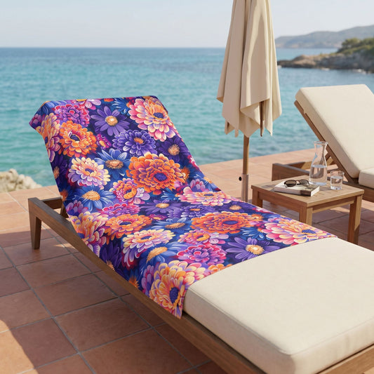Zinnias in Bloom beach towel, displayed in a summer setting.
