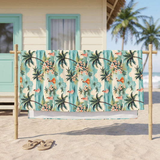 Retro Hawaiian Hula beach towel, displayed in a summer setting.