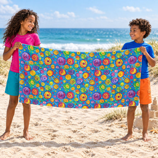 Color Whirl beach towel, held open on a family beach day.