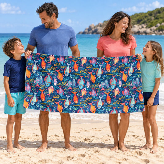 Fun Fish beach towel, held open on a family beach day.