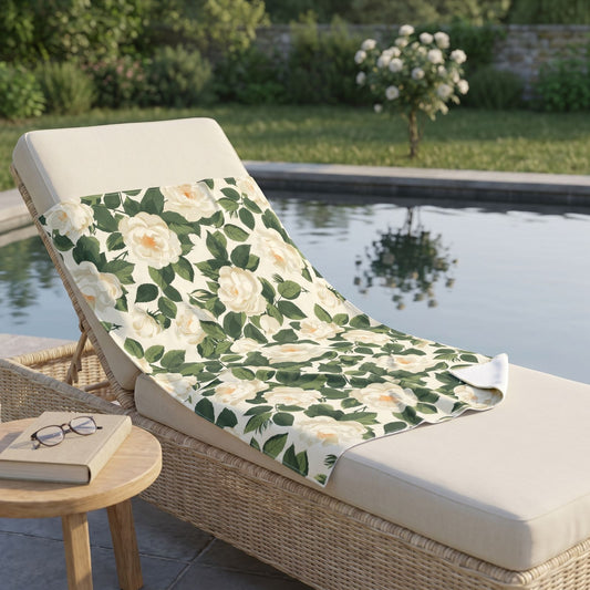 White Roses at Dawn beach towel, displayed in a summer setting.