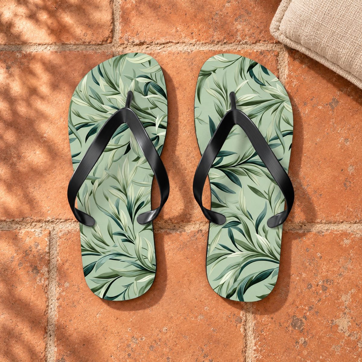 Vintage Vines Flip Flops, product-only overhead view with the printed pattern clearly visible. Setting: aged terracotta courtyard tiles beside a plain linen cushion corner.