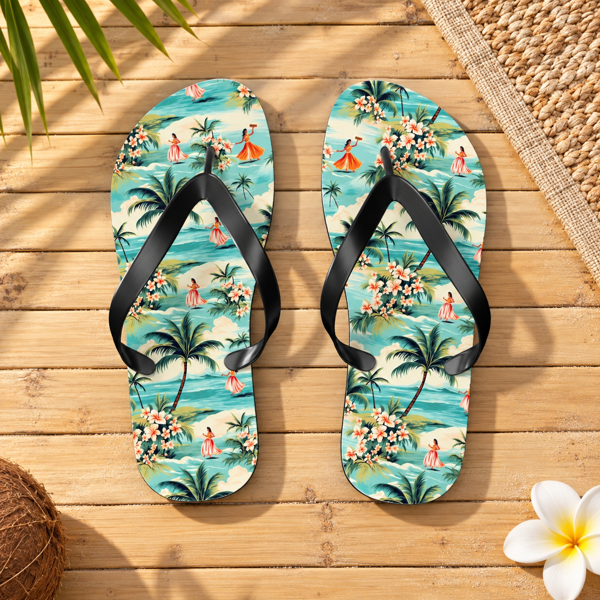Retro Hawaiian Hula Flip Flops, product-only overhead view with the printed pattern clearly visible. Setting: sunlit pale bamboo beach cabana floor with plain woven mat edge.
