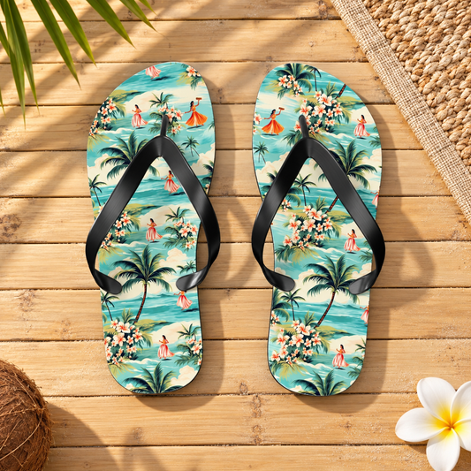 Retro Hawaiian Hula Flip Flops, product-only overhead view with the printed pattern clearly visible. Setting: sunlit pale bamboo beach cabana floor with plain woven mat edge.