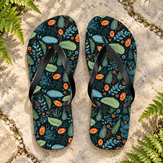 Mysterious Ferns Flip Flops, product-only overhead view with the printed pattern clearly visible. Setting: pale natural stone garden path with fern fronds at frame edge.