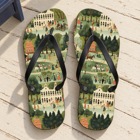 American 18th Century Town Tapestry Flip Flops viewed from above on cream porch boards, showing the detailed town design.