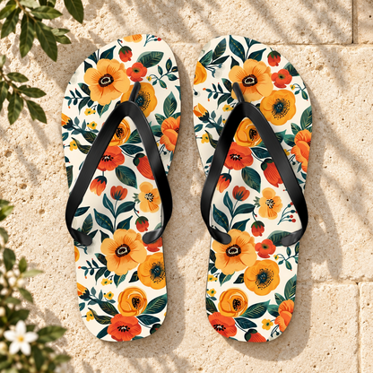 Golden Bloom Harmony Flip Flops, product-only overhead view with the printed pattern clearly visible. Setting: warm pale limestone garden terrace with soft leaf shadows.