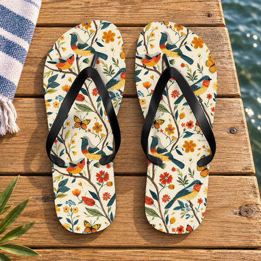 Tree Birds Flip Flops, product-only overhead view with the printed pattern clearly visible. Setting: honey oak lakeside deck with a little water visible at edge.