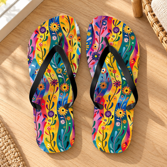 Floral Rhythms Flip Flops, product-only overhead view with the printed pattern clearly visible. Setting: warm light oak sunroom floor with a wicker chair edge.
