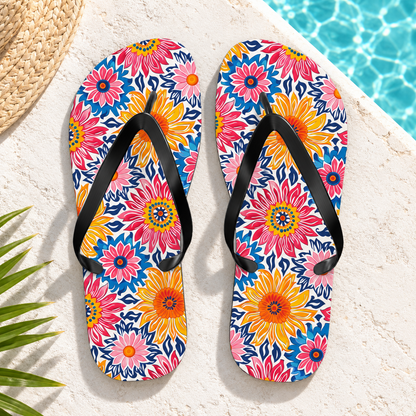 Sunsplash Petals Flip Flops, product-only overhead view with the printed pattern clearly visible. Setting: sunny whitewashed pool deck with turquoise water at edge.