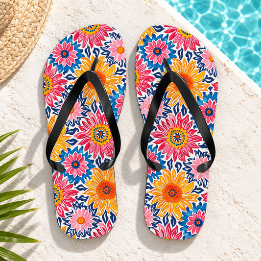 Sunsplash Petals Flip Flops, product-only overhead view with the printed pattern clearly visible. Setting: sunny whitewashed pool deck with turquoise water at edge.