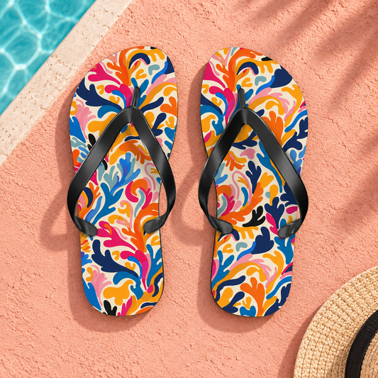 Colorful Mod Coral Flip Flops, product-only overhead view with the printed pattern clearly visible. Setting: light coral-pink stucco pool terrace with soft sunlight.