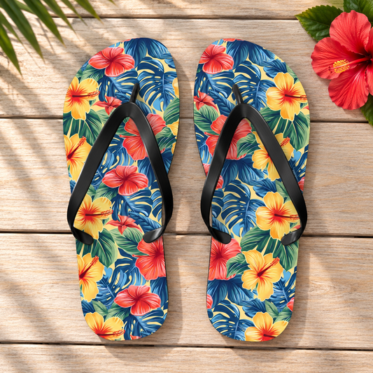 Hawaiian Hibiscus Bliss Flip Flops, product-only overhead view with the printed pattern clearly visible. Setting: pale teak tropical lanai with a single hibiscus flower off to side.