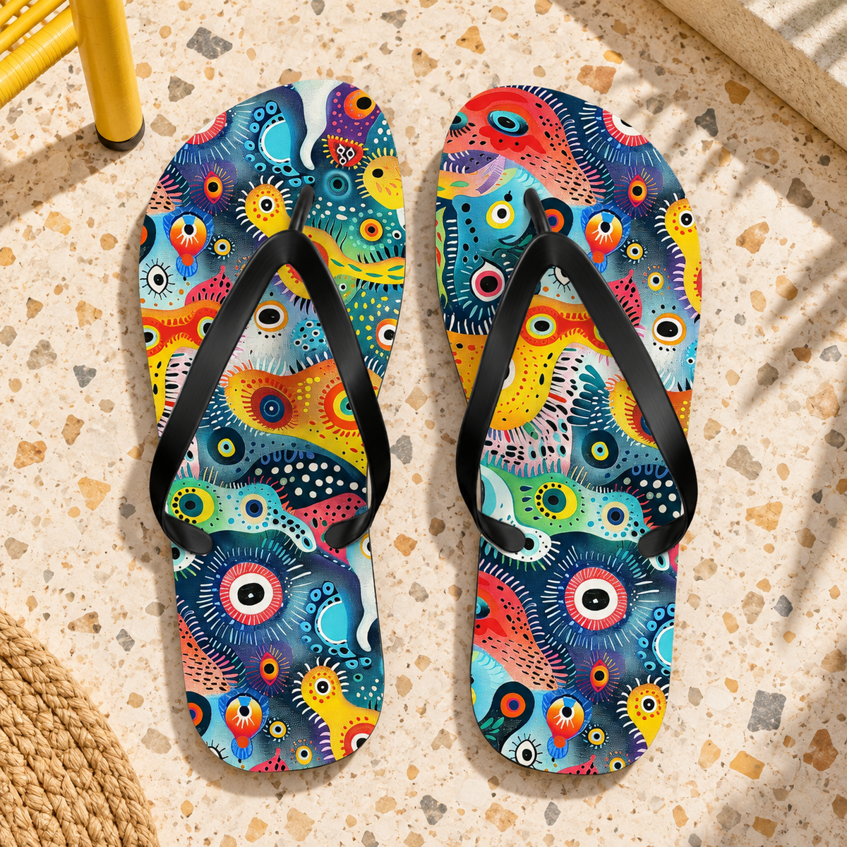 Psychedelic Amoeba Pop Flip Flops, product-only overhead view with the printed pattern clearly visible. Setting: cream terrazzo retro hotel terrace with a yellow chair leg at edge.