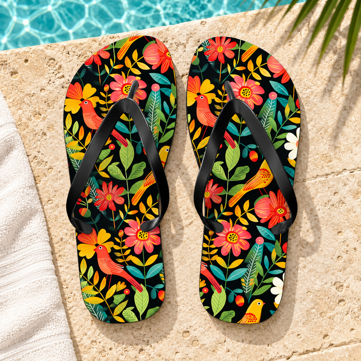 Blooming Bird Wonderland Flip Flops shown from above on a cream poolside terrace, with both printed designs visible.