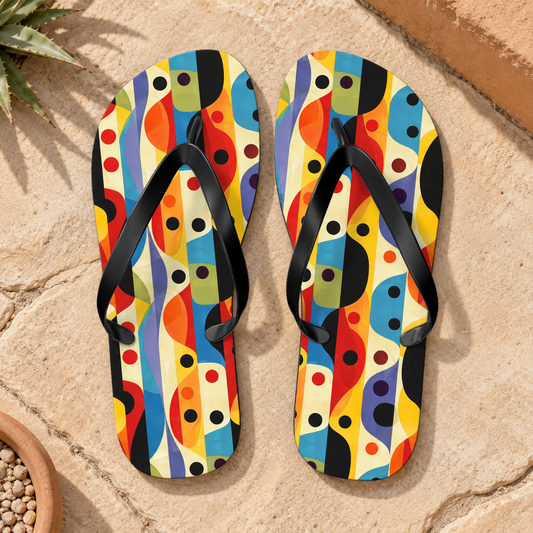 Linear Color Mesa Flip Flops, product-only overhead view with the printed pattern clearly visible. Setting: pale sandstone desert patio with muted adobe wall edge.