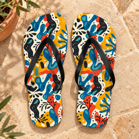 Spice of Life Flip Flops, product-only overhead view with the printed pattern clearly visible. Setting: light warm sandstone courtyard with terracotta pot corner.