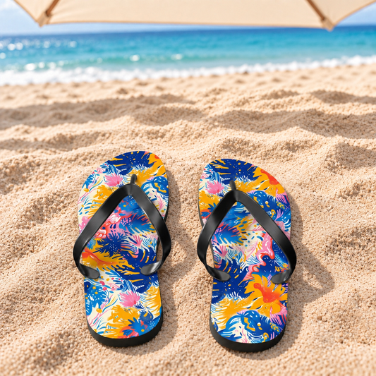 Splatter Blossom Flip Flops — product-only beach scene with both printed footbeds visible.