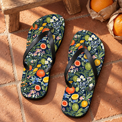 Magical Fruitiness Flip Flops. Lifestyle scene: Fruit-market holiday apartment; terracotta entry tiles, paper-wrapped oranges on bench, sunlight