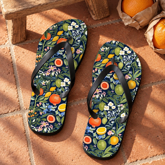Magical Fruitiness Flip Flops. Lifestyle scene: Fruit-market holiday apartment; terracotta entry tiles, paper-wrapped oranges on bench, sunlight