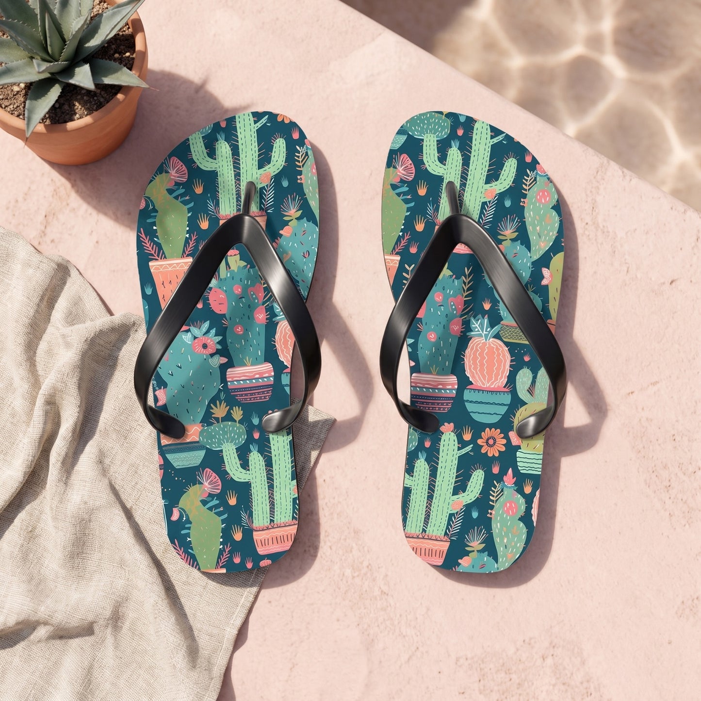 Cactus Cacophony Flip Flops. 5/8" Thick Comfortable Summer or Winter Gym/Sauna Footwear for Men and Women.. Lifestyle scene: Desert resort plunge-pool deck