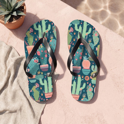 Cactus Cacophony Flip Flops. 5/8" Thick Comfortable Summer or Winter Gym/Sauna Footwear for Men and Women.. Lifestyle scene: Desert resort plunge-pool deck