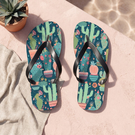 Cactus Cacophony Flip Flops. 5/8" Thick Comfortable Summer or Winter Gym/Sauna Footwear for Men and Women.. Lifestyle scene: Desert resort plunge-pool deck