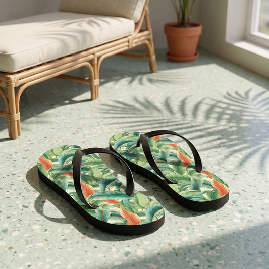Tropical Old Miami Flip Flops. Lifestyle scene: Old coastal bungalow sunroom; dry mint-and-cream terrazzo, rattan chaise, warm palm shadows