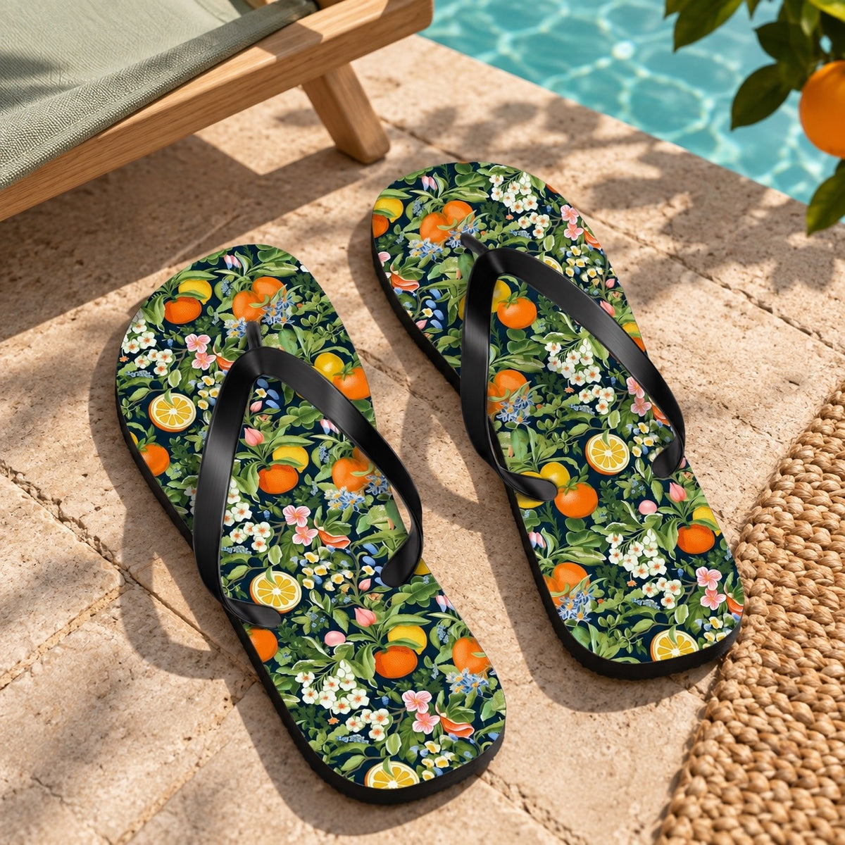 Noble Citrus Mosaic Flip Flops. Lifestyle scene: Orange-grove poolside pavilion; dry warm limestone, sage canvas chair, citrus shade