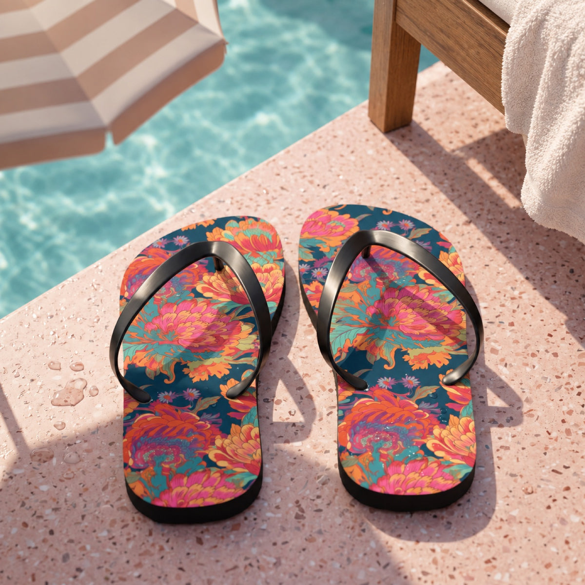 Psychedelic Flower Power Flip Flops. Lifestyle scene: Retro resort pool terrace; blush terrazzo, striped parasol shadow, muted turquoise water