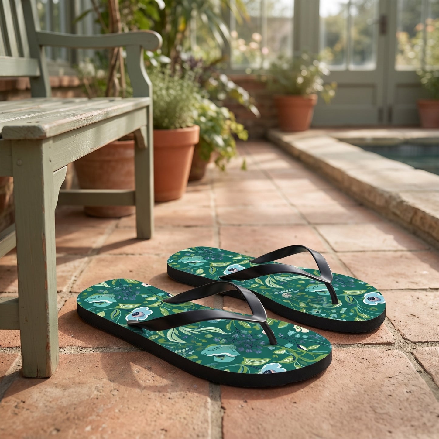 Serene Green Floral Flip Flops — Greenhouse-inspired pool house; warm terracotta, sage painted bench, plants at distance
