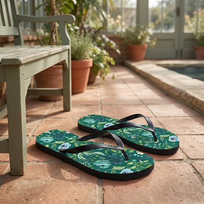 Serene Green Floral Flip Flops — Greenhouse-inspired pool house; warm terracotta, sage painted bench, plants at distance