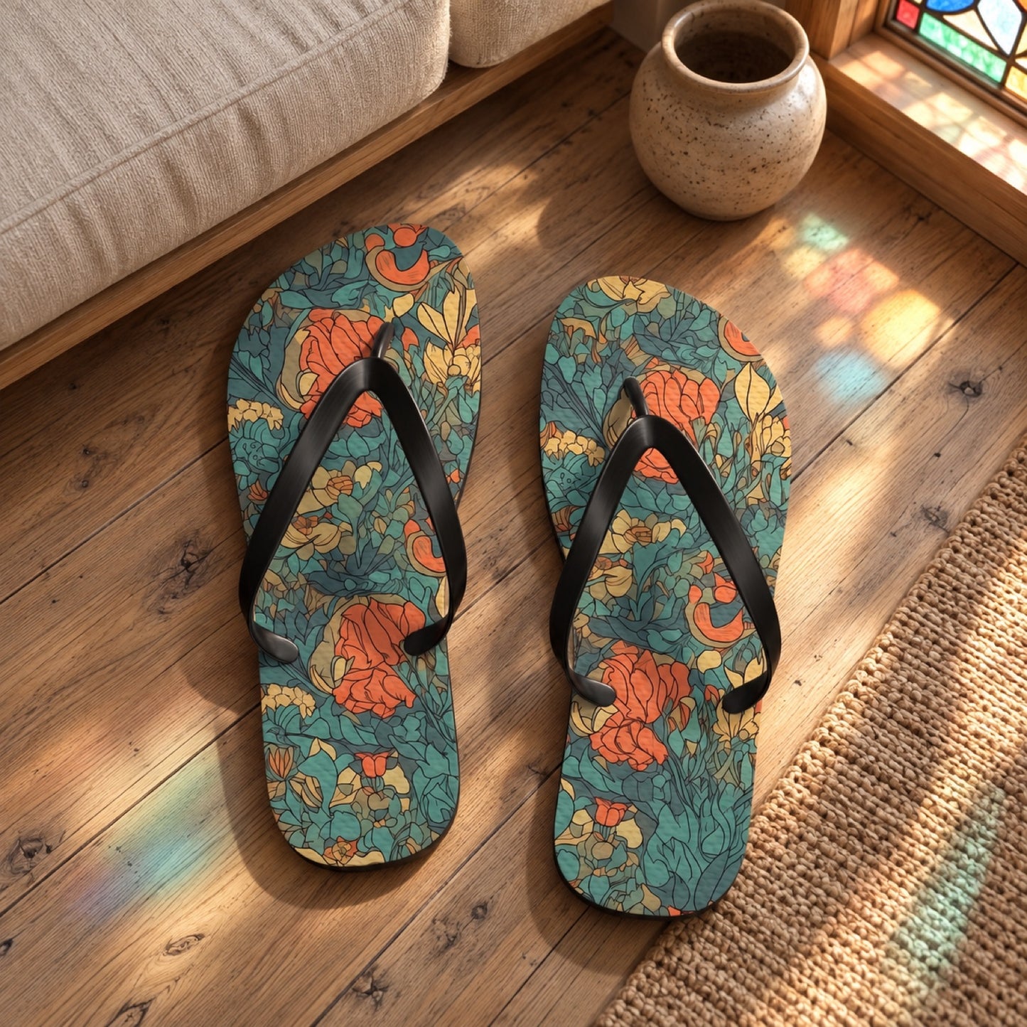 Bohemian Stained Glass Serenity Flip Flops. Lifestyle scene: Stained-glass beach cottage sunroom; oak boards, filtered jewel-colour light, plain linen daybed
