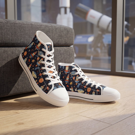 Galactic Space Rocket Romp Men's High Top Sneakers — Science museum window lounge; pale oak floor, charcoal bench, space exhibit softly behind