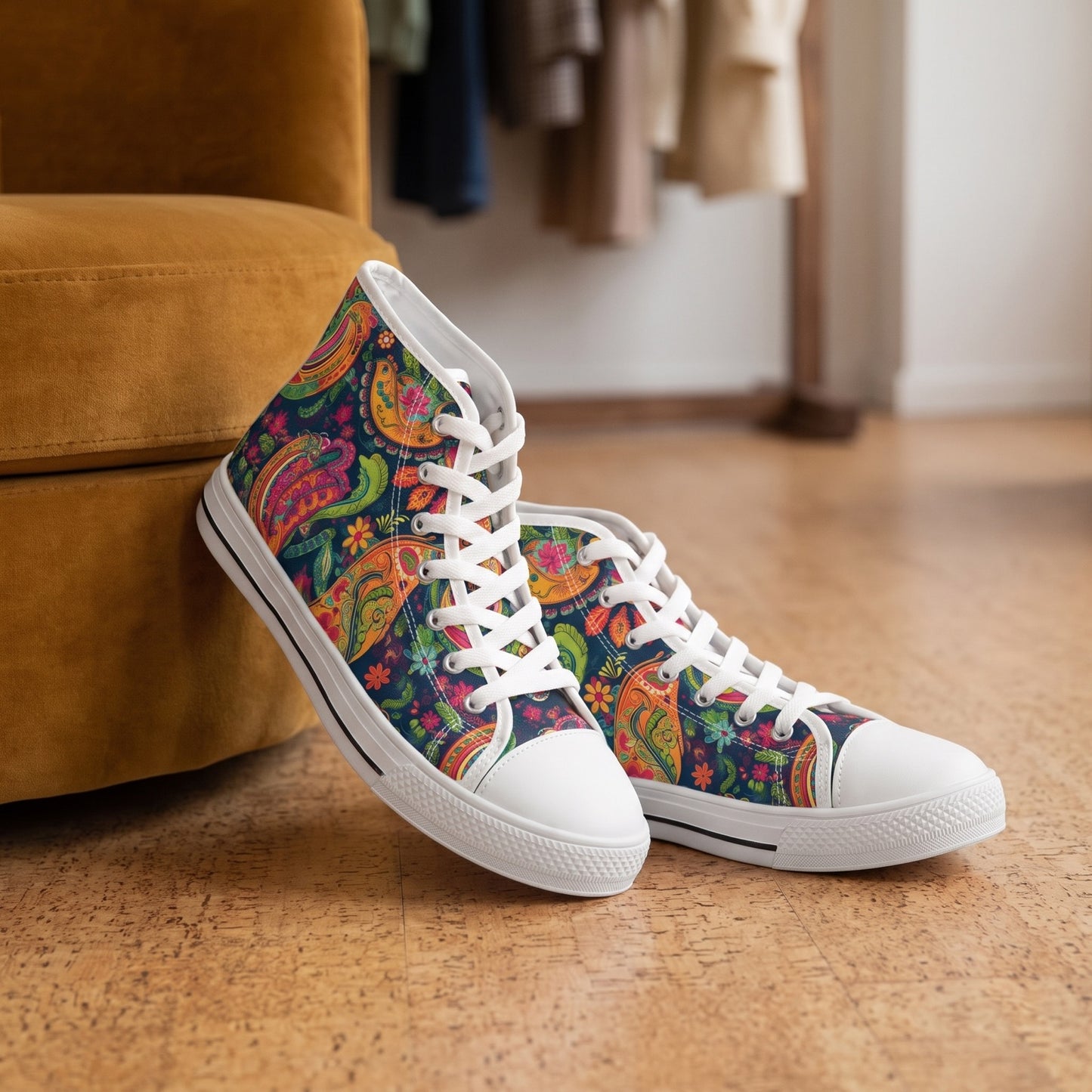 Psychedelic Paisley Party Ladies' High Top Sneakers — Vintage clothing boutique; warm cork floor, rounded velvet chair, walnut clothing rail blur