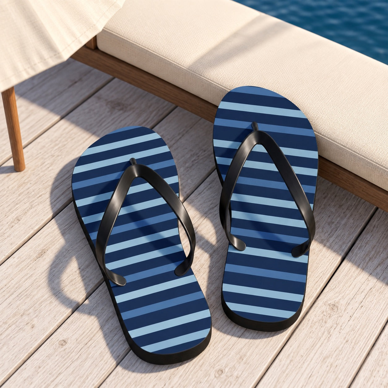 Shades of Dark Blue Stripes Flip Flops. Lifestyle scene: Navy-striped pool parasol lounge; dry whitewashed deck, cream chaise, deep blue water beyond