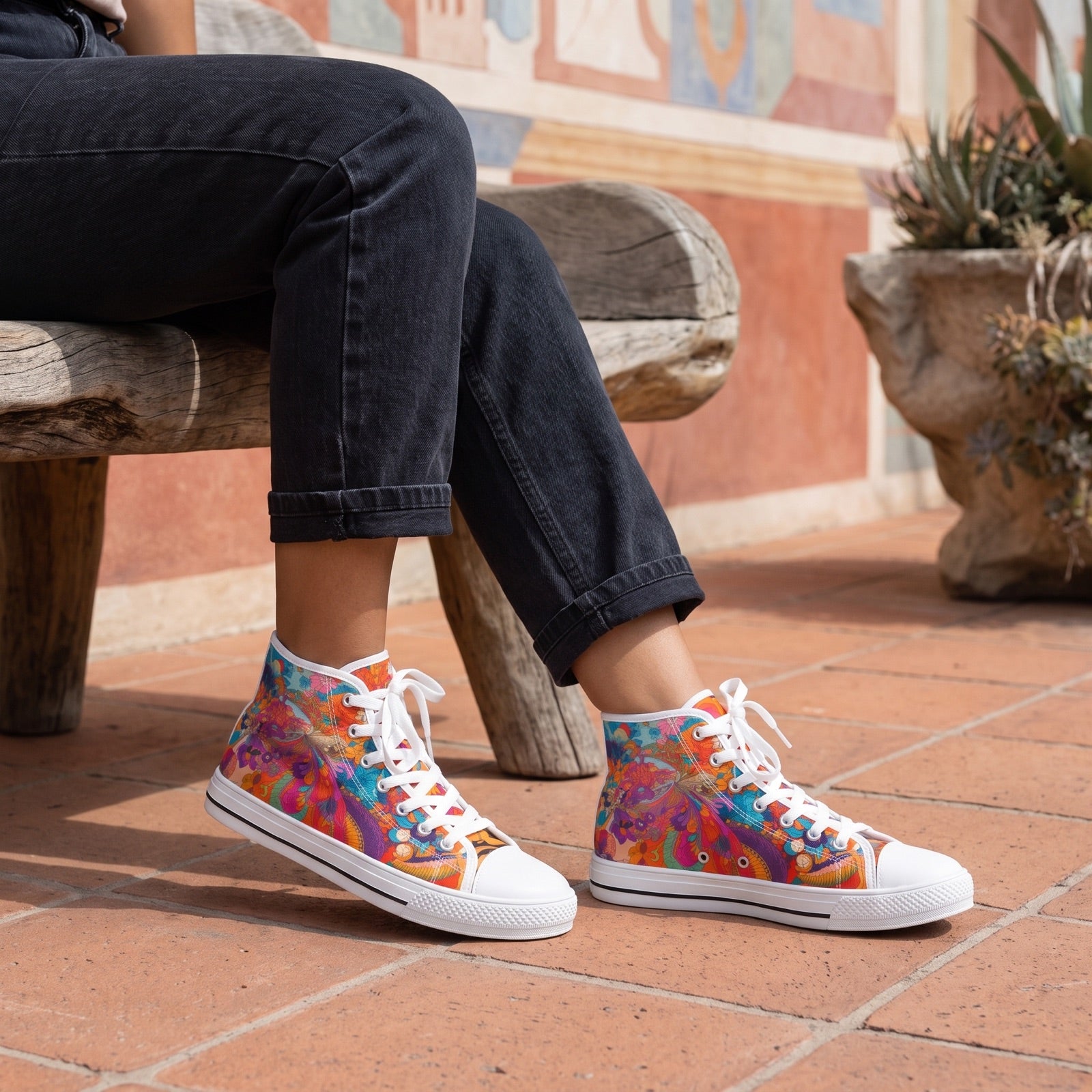 Psychedelic Floral Petals Ladies' High Top Sneakers — Design museum terrace; terracotta pavement, sculptural bench, playful muted-colour wall