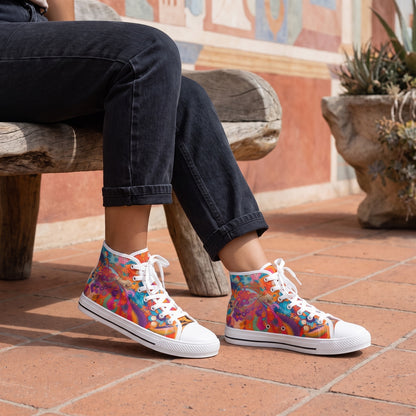 Psychedelic Floral Petals Ladies' High Top Sneakers — Design museum terrace; terracotta pavement, sculptural bench, playful muted-colour wall