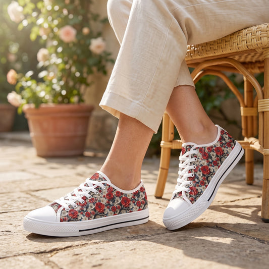 Rose Trellis low-top sneakers worn with cream trousers at a sunlit garden café.