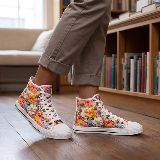 Chic Floral Ladies' High Top Sneakers — Historic bookshop; walnut floor, low oak bookcase, soft window light and a linen reading seat