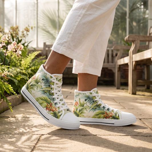 Tropical St. Lucia Palms Ladies' High Top Sneakers. Lifestyle scene: Botanical glasshouse walk
