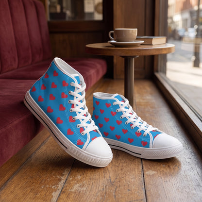 Blue Heartbeat Ladies' High Top Sneakers — Intimate jazz café window seat; warm wood floor, oxblood upholstery, mellow daylight