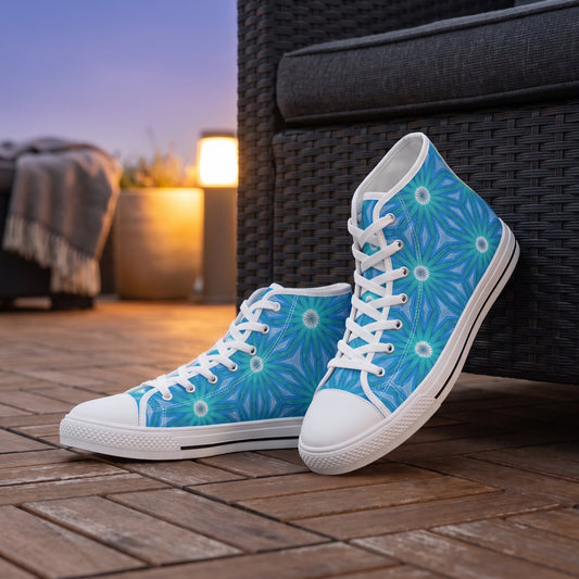 Sapphire Nebula Men's High Top Sneakers.  Stride Stellar: Unleash Your Cosmic Cool with Sapphire Nebula!. Lifestyle scene: Rooftop evening café before sunset; warm timber, charcoal chair, violet-blue sky glow