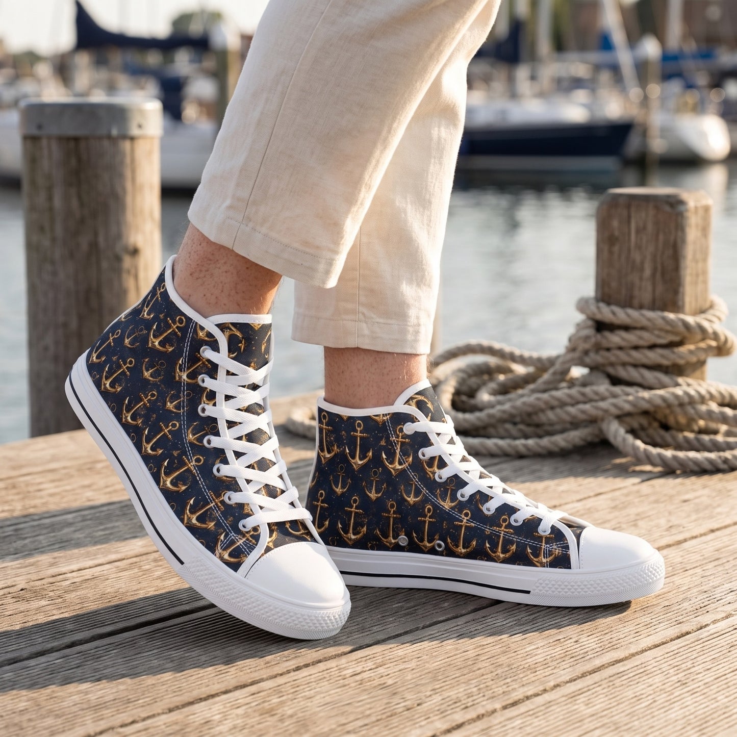 Golden Anchor Men's High Top Sneakers — Harbour café terrace; dry teak decking, mooring posts and moored boats in soft background