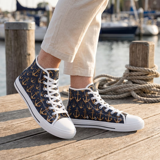 Golden Anchor Men's High Top Sneakers — Harbour café terrace; dry teak decking, mooring posts and moored boats in soft background