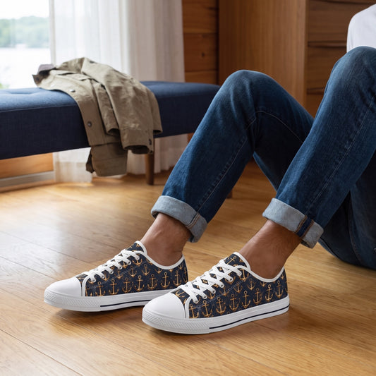 Golden Anchor Men's Low Top Sneakers — Lakeside guesthouse entry; warm oak floor, navy linen bench, folded sailing jacket off to side
