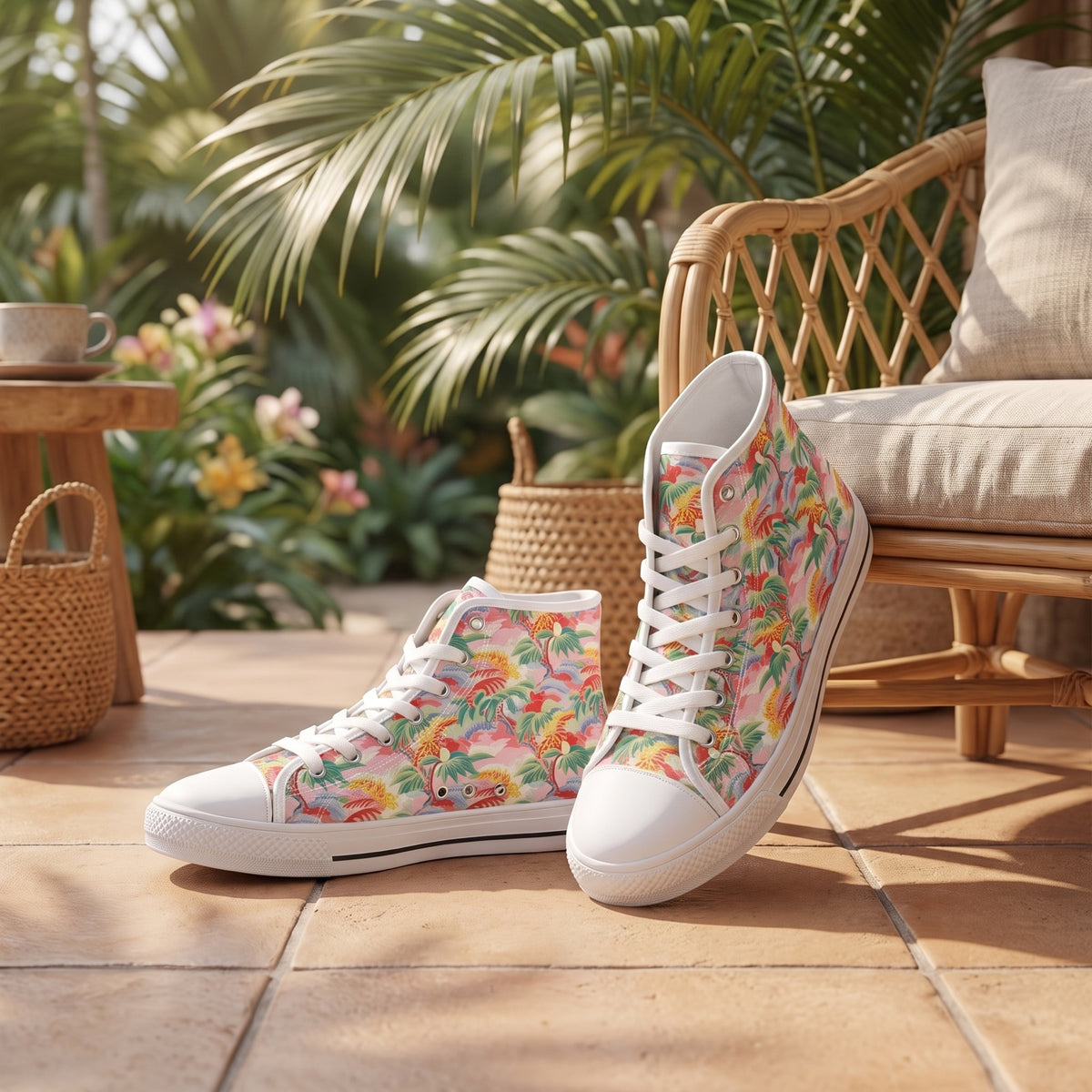 Tropical Breeze Ladies' High Top Designer Sneakers — Palm-shaded island café; dry sand-coloured tiles, cane chair, tropical garden beyond