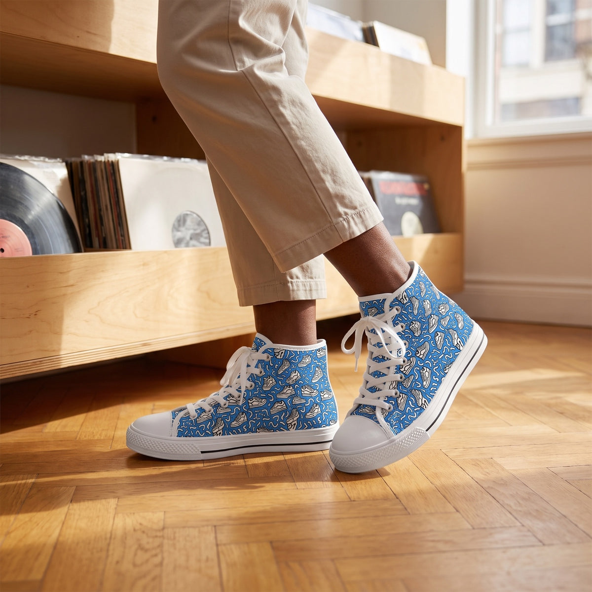 Kicks & Squiggles Ladies' High Top Sneakers — Weekend record-shop browse; honey parquet, low record shelves, afternoon window beam