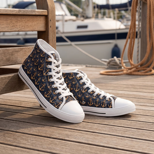 Golden Anchor Ladies' High Top Sneakers — Marina promenade bench; dry teak decking, moored sailboat blur, warm ropes off to side