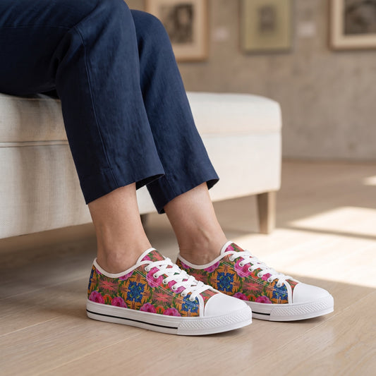 Floral Fusion Ladies' Low Top Sneakers — Weekend gallery opening lobby; ash floor, off-white bench, muted artwork out of focus